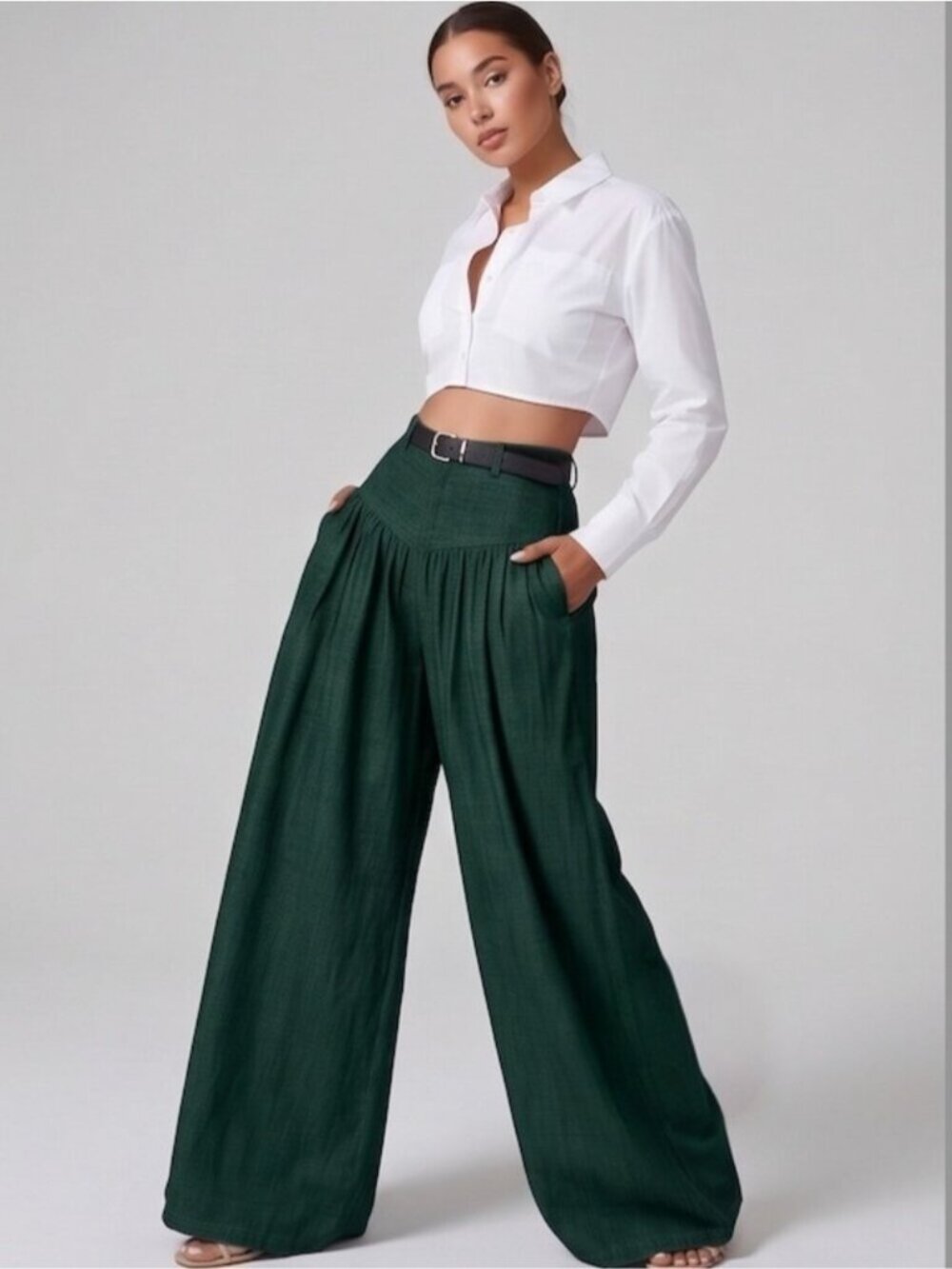 High Waisted Yoke Pleated Wide Leg Palazzo Pants Green